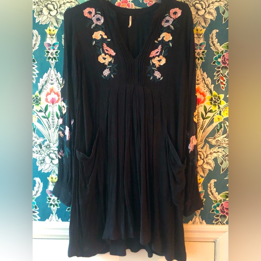 Free People Black Mini Dress with Floral Embroidery